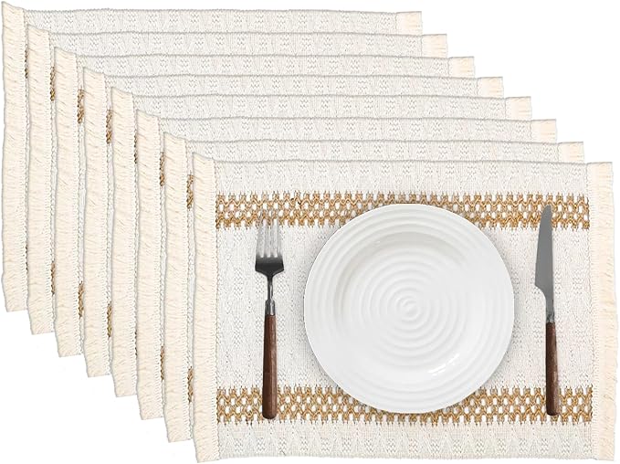 Boho Placemats Set of 8, 12x18 Inch Natural Cotton Burlap and Kitchen Woven by Niviy