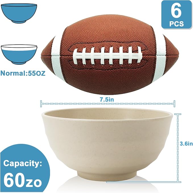 Large Soup Bowls 60oz, Unbreakable & Stackable Wheat Straw Bowls Sets of 6 - Image 2