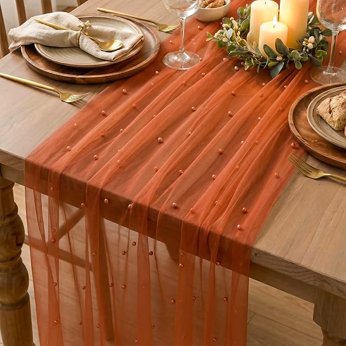 Artoid Mode Pearl Terrcotta Gauze Table Runner 120 Inch 10FT, Seasonal Sheer Dining Holiday Wedding Birthday Baby Shower Table Decor for Home Party