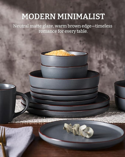 Famiware Mercury Dinnerware Sets with Mugs, Service for 4 (16 Pieces), Plates and Bowls Sets, Microwave and Dishwasher Safe Dishes Set, Charcoal
