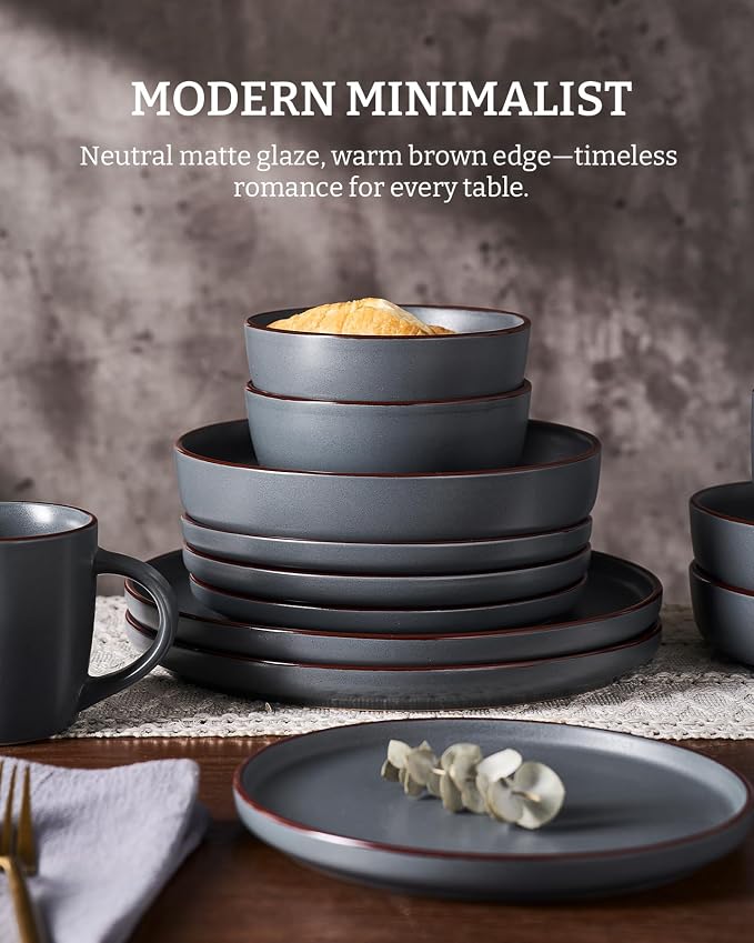 Famiware Mercury 12-Piece Stoneware Dinnerware Set, Charcoal | Plates and Bowls - Image 4