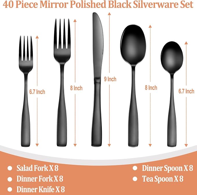 40 Pcs Black Silverware Set, Stainless Steel Flatware Set - Image 2