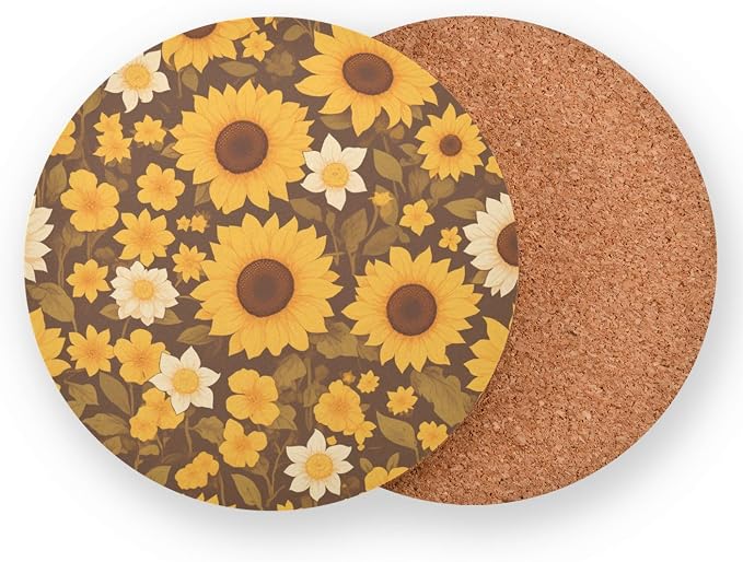 Sunflower Cow Leather Skin Brown Pattern Aesthetic Drink Coasters 4 Piecing Set - Image 2