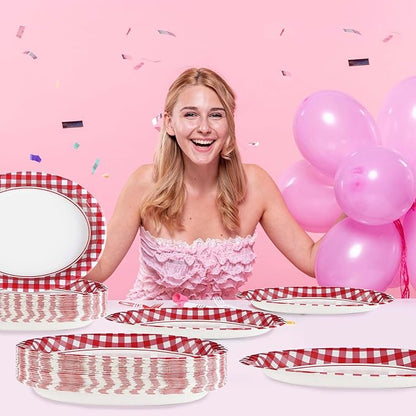 50Pcs Gingham Oval Paper Plates 10" x 12" Large Disposable Heavy Duty Valentine‘s Day Red and White Buffalo Checked Plaid Paper Dessert Platter Plates for Valentines Day Picnic Birthday Party Supplies