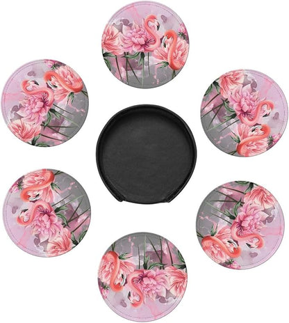 6 Pcs Pink Cute Flamingo Modern Art Boho Leather Coasters - Image 7
