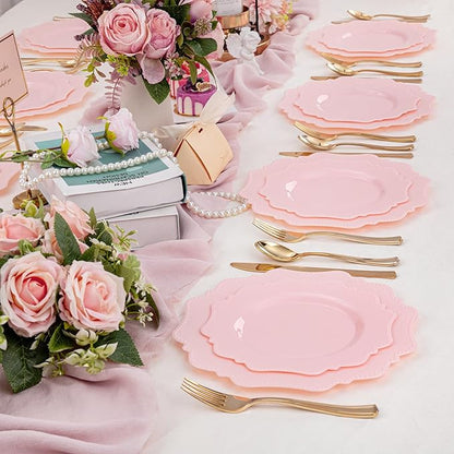 COLOSUS 100 pcs Pink Plastic Plates Set, Nice Disposable Plates,Pink Disposable plates Set for 50 Guest include 50 Dinner Plate 10.5 &50Dessert plates 8.25 for Party,Wedding, Birthday, Valentine's Day