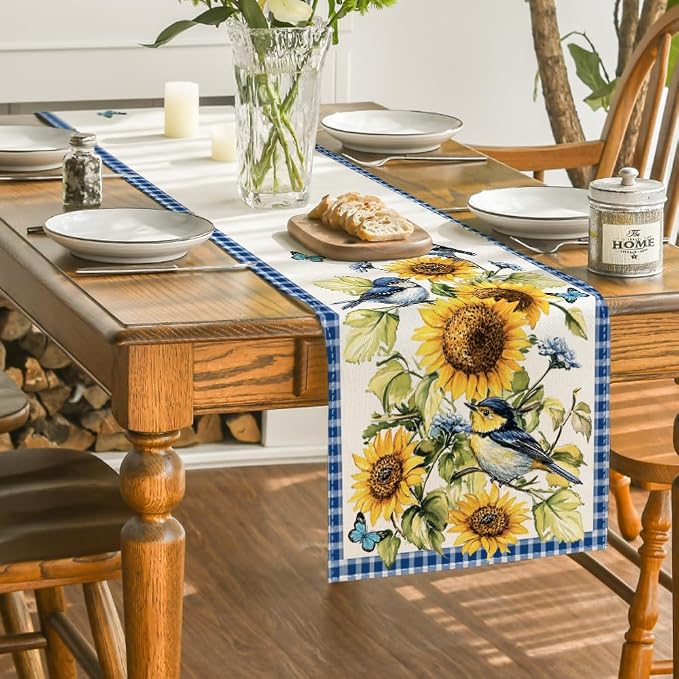 Artoid Mode Buffalo Plaid Bird Butterfly Sunflower Spring Table Runner - Image 4