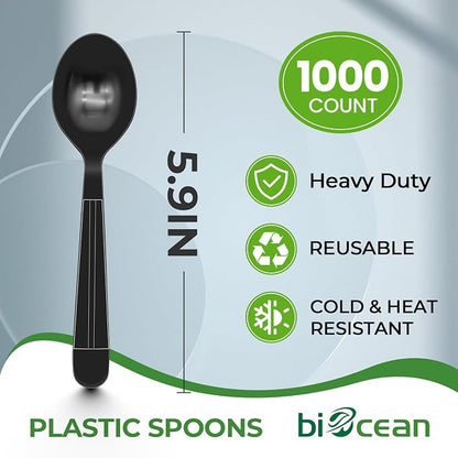 1000 Count Plastic Spoons Heavy Duty Disposable Spoons Black Extra Heavyweight - Image 2