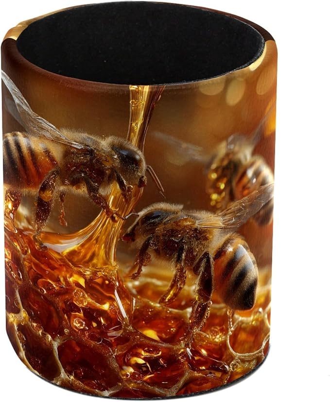 Leather Pen Holder for Desk, Bee Hive Pencil Cup Pen Organizer Makeup Brush by Unknown