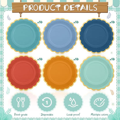 96 Pcs Blue and Orange Fall Paper Plates 9 Inch Gradient Scalloped Paper Plates Disposable Dinner Dessert for Birthday Wedding Bridal Party Supplies, 6 Colors