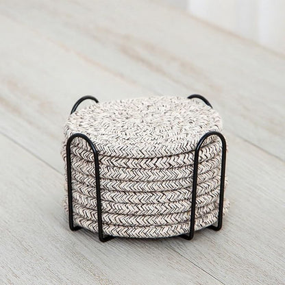 8 Pcs Drink Coasters with Holder, Handwoven Cotton Coasters Set Stackable Absorbent Minimalist Home Decor for Table, Cup, Mug (Beige)