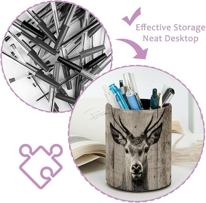 Leather Pen Holder for Desk, Ancient Wooden Wall Deer Pencil Cup Pen Organizer - Image 4