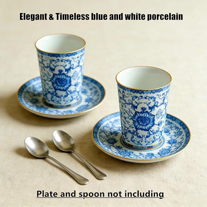 Blue and White Porcelain Coffee Cups, 9 oz Floral Tea Cups Set of 2 | No Handles - Image 8