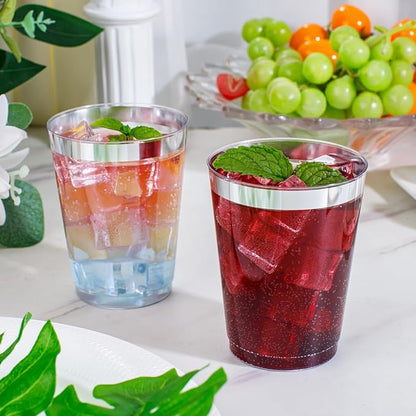 supernal 200pcs 10oz Silver Plastic Cups,Disposable Wine Glasses Cocktail Glasses Premium Cups,Party Cocktails Tumblers,Silver Rimmed Plastic Cup for Party,Wedding, Birthday,Thanksgiving Day