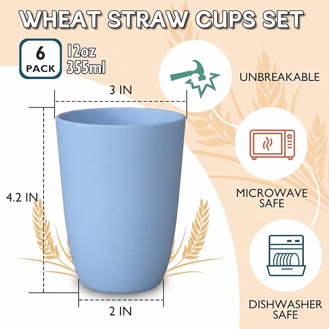 Wrova Wheat Straw Cups 6 PCS Good Alternative to Plastic Reusable Cups 12 oz - Image 2