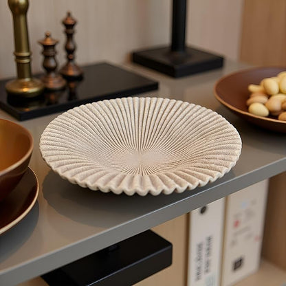 Decorative Bowl decor Tray, Scalloped Pedestal Bowls for Modern Home Decor,Ruffle Decor,Stylish Key Bowl for Entry Table,Decorative Fruit Bowl for Kitchen Counter,Artificial Stone Beige