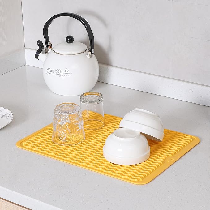 Silicone Dish Drying Mat for Multiple Usage,Easy clean,Eco-friendly,Heat-resistant Silicone Mat for Kitchen Counter or Sink,Refrigerator or drawer liner Yellow L 16 inches x 12 inches