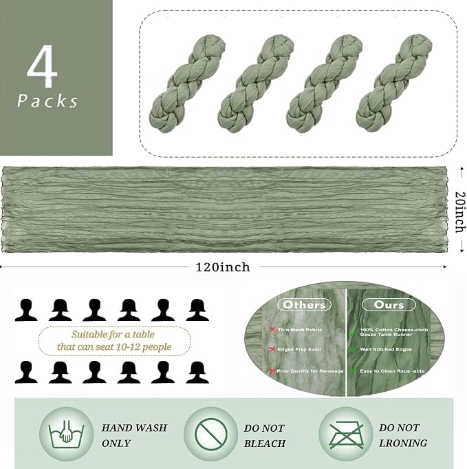 4 Pack Sage Green Cheesecloth Table Runner 20 x 120 inch Gauze Table Runners 10 - Image 2