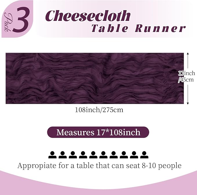 3 Pack Dark Purple Cheesecloth Table Runner, 17 x 108 Inch, Gauze Cheese Cloth - Image 2