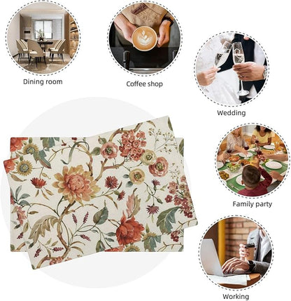 Boho Floral Placemats Set of 4 Vintage Watercolor Flower Decor Place Mats 12x18 Inch Retro Rustic Spring Seasonal Decorative Linen Table Mats for Home Kitchen Dining Party Table Decoration