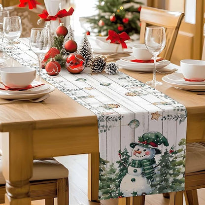 Christmas Snowman Table Runner 72 Inches Long, Xmas Trees Eucalyptus Leaves - Image 9