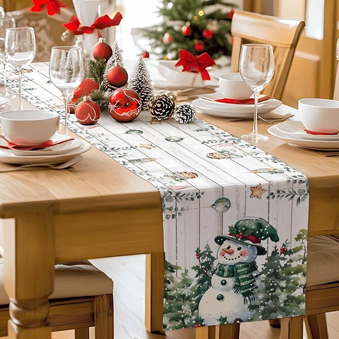 Christmas Snowman Table Runner 90 Inches Long, Xmas Trees Eucalyptus Leaves - Image 9