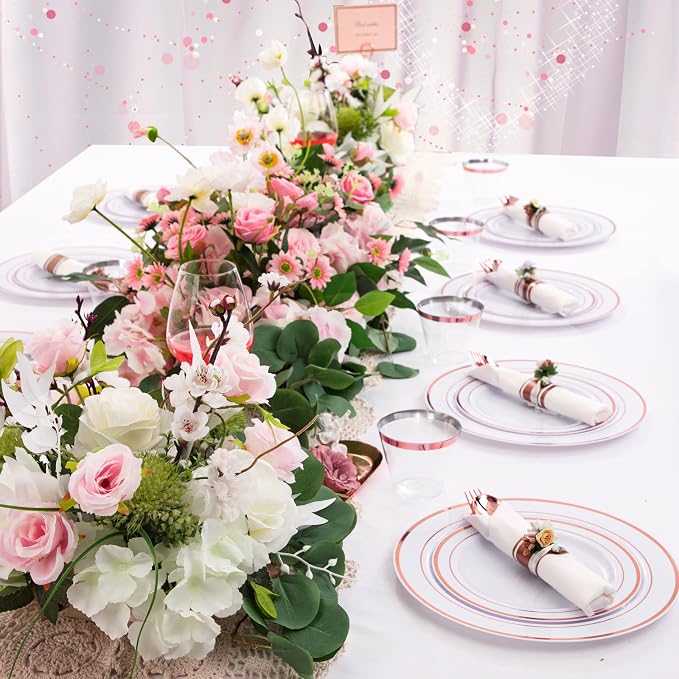 WELLIFE 350 Pieces Rose Gold Plastic Dinnerware, 50 Guests Disposable Plates - Image 3