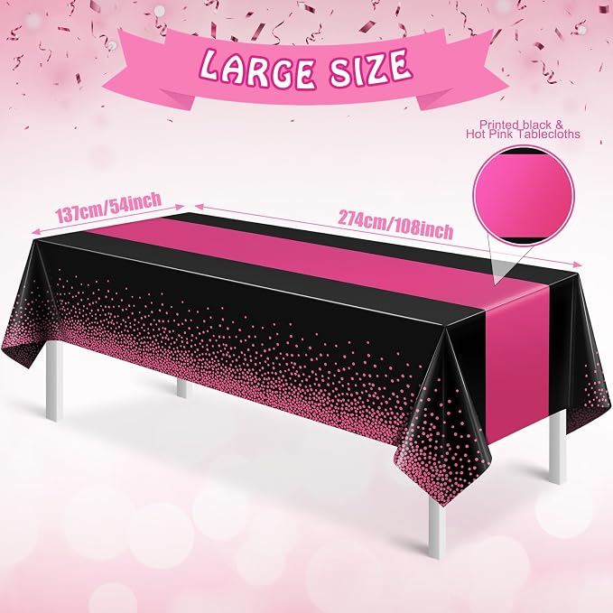 6Pcs Black Hot Pink Tablecloth Party Decorations, Plastic Black Table Cloth - Image 2