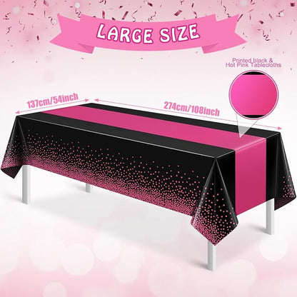 3Pcs Black Hot Pink Tablecloth Party Decorations, Plastic Black Table Cloth - Image 2