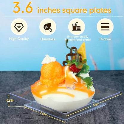Nuogo 250 Pcs Square Clear Dessert Plates 3.6 Inch Appetizer Plates Disposable Square Party Trays Hard Mini Salad Tasting Sample Dish for Weddings, Parties, Banquet Dinner, Family Gatherings (Clear)