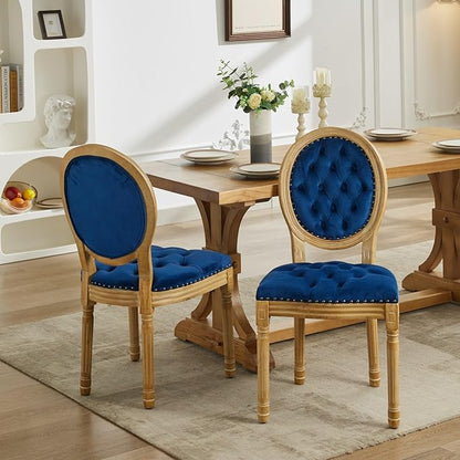 Vintage French Dining Chairs Set of 8, Round Back Velvet Upholstered Accent Chairs with Nailhead Trim and Solid Wood Frame, Elegant Sillas de Comedor for Dining Room & Kitchen, Blue