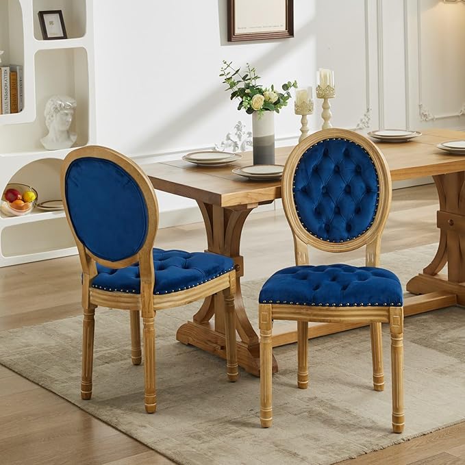 Vintage French Dining Chairs Set of 4, Round Back Velvet Upholstered Accent Chairs with Nailhead Trim and Solid Wood Frame, Elegant Sillas de Comedor for Dining Room & Kitchen, Blue