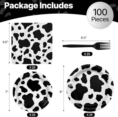 100 Pcs Disposable Black Cow Print Tableware Set - Image 2