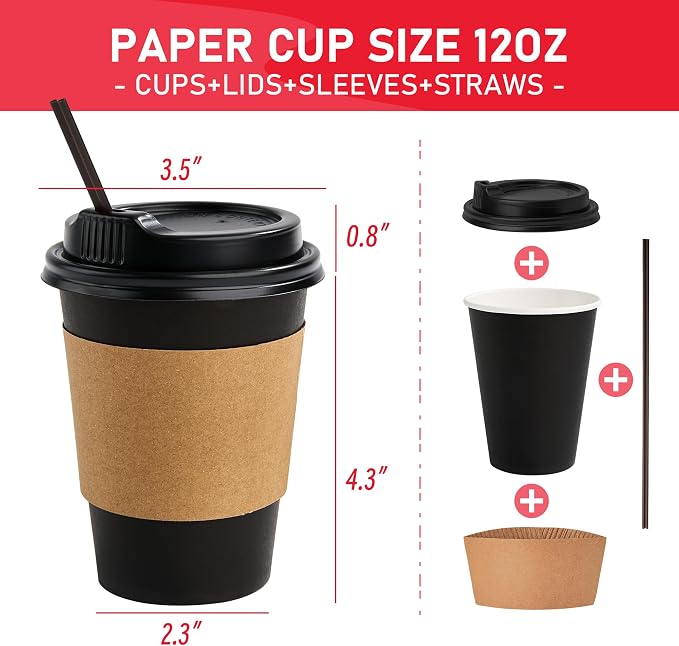 16 oz Paper Coffee Cups with Lids 50 Pack, Sleeves and Stirring Sticks - Image 4