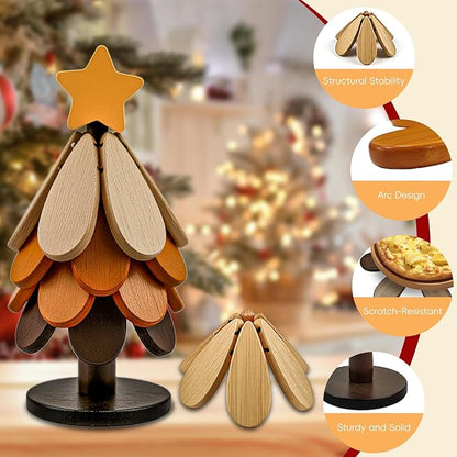 Wooden Trivets for Hot Dishes, Wooden Tree Trivet Set, Natural Tree Trivet Set - Foldable Wooden Tree Coasters for Kitchen Counter, Hot Pots and Pans, Heat Resistant Table Protectors