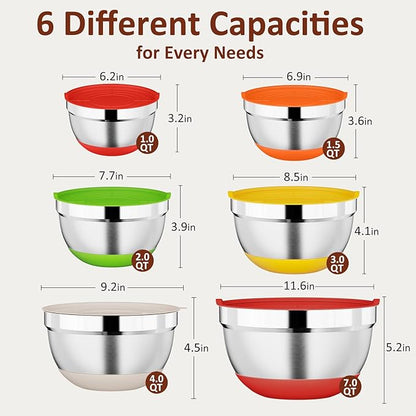 9 Pack Mixing Bowls with Airtight Lids Set, Stainless Steel Mixing Bowls with Grater Attachments, Nesting Kitchen Bowl Set with Non-Silp Bases, Size 7, 4, 3, 2, 1.5,1QT, Multi