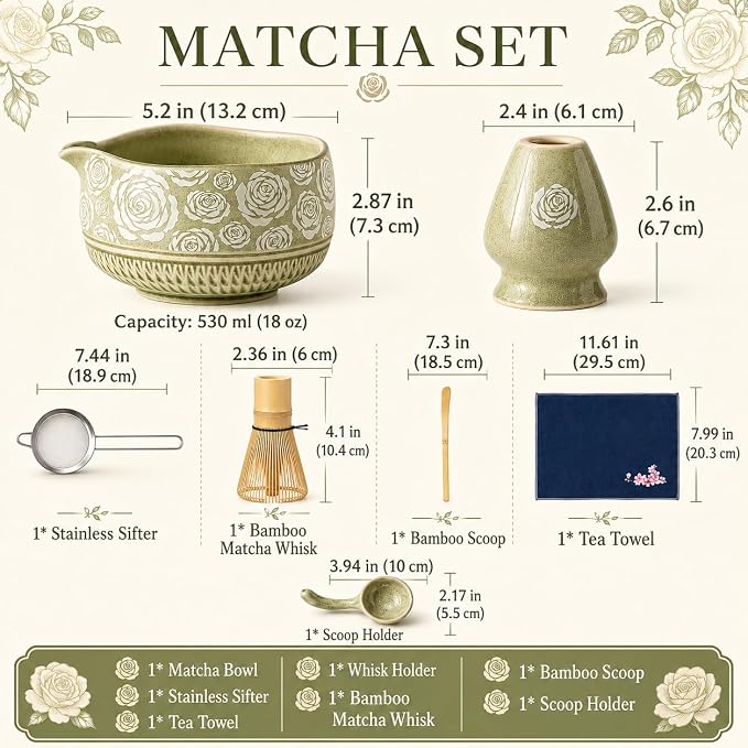 Matcha Whisk Set, 7-Pc Ceramic Matcha Bowl Kit, Bamboo Whisk, （Rose Green） | - Image 2