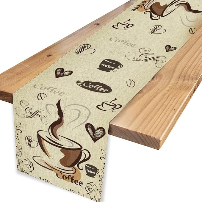 Coffee Theme Table Runner, Farmhouse Brown Coffee Time Cafe Cup Tea Bean Drinks - Image 4