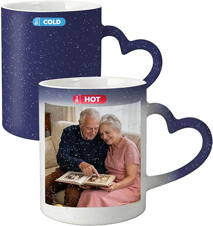 Custom Color Changing Mug,Personalized Photo Logo Text Print,Hidden Image Shows with Hot Drinks,Heart Shaped Handle Ceramic Coffee Cup,Home Office,for Valentine's Day (Dark Blue Starry)
