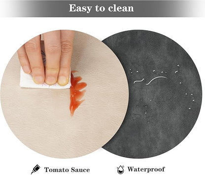 Round Placemats and Coasters Set of 6, Washable Reversible Faux Leather Placemats Cowhide Pattern Place Mats Wipeable Non-Slip 15 inch Round Kitchen Dining Table Mats (Gray Beige, 6)