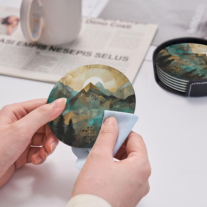 Mountains Trees Landscape Sunrise Leather Coasters Set of 6 - Image 5