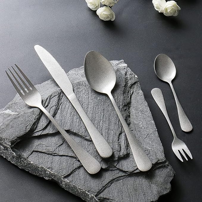 Matte Silverware Set for 10 Stainless Steel Flatware Set Vintage Style Delicate Cutlery Utensils 50 Piece Include Knives Forks and Spoons Tableware Set for Home Kitchen Wedding Restaurant