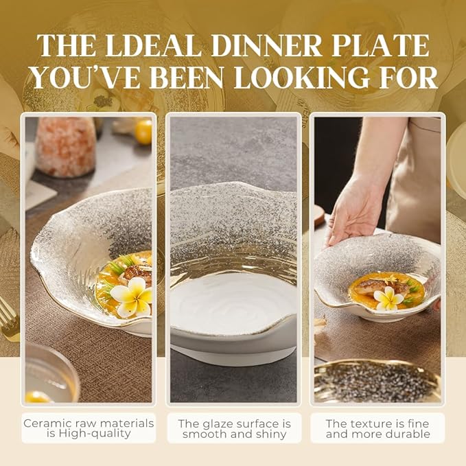 10.4 Inch Ceramic Serving Bowl, Lotus Leaf Wave Edge with Gradual Star Pattern, Handmade Reinforced Porcelain Pasta Bowl, Dishwasher Safe Tableware