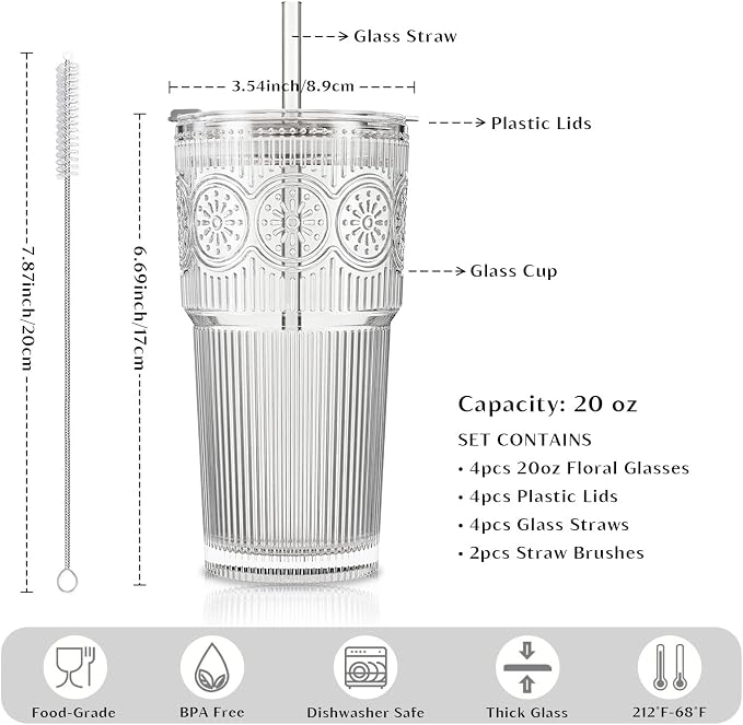 INSETLAN 20oz Ribbed & Floral Glass Tumblers - Image 3