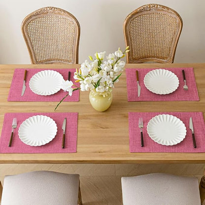 Placemats Set of 8, Bilayer Thickened Linen Place Mats Heat Resistant Machine Washable Wrinkle Free Carefully Selected Polyester Mats for Kitchen/Dining/Coffee Table (Pink)