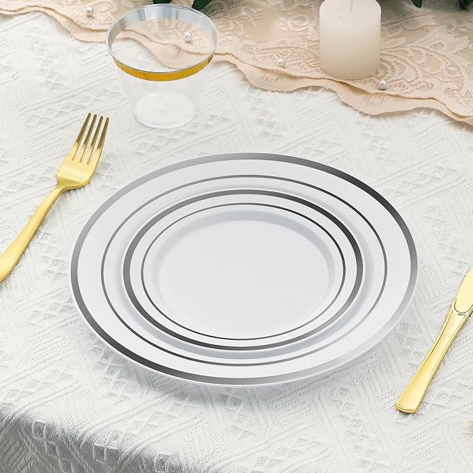 AOZITA 200Pcs Silver Plastic Plates, Disposable Plastic Party Plates - Image 6