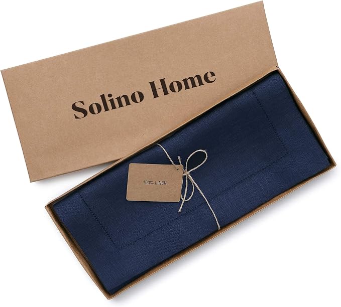 Solino Home 100% Pure Linen Dining Table Runner Navy Hemstitch, 14 x 108 in | - Image 5