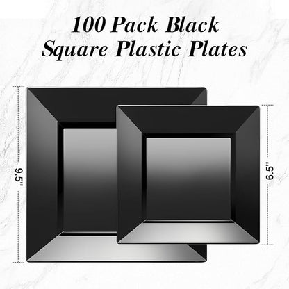 Goodluck 100 Black Pack Disposable Square Plastic Plates, Heavy Duty 50 Dinner Plates 9.5" and 50 Dessert Plates 6.5", Fancy Disposable Plates for Wedding, Holiday Party, Birthday, Halloween