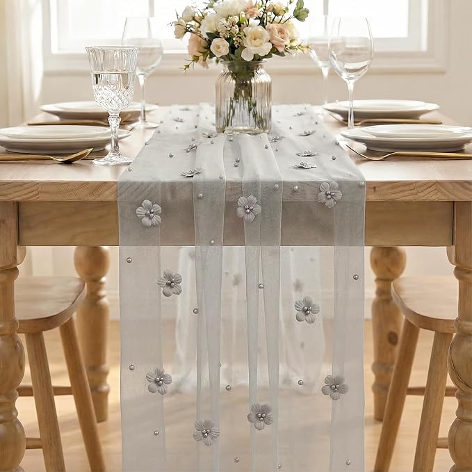 Artoid Mode Gray Flower Pearl Gray Gauze Table Runner 10FT, Seasonal Sheer - Image 2