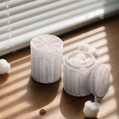Rattan Jars,Decorative Storage Boxes with Lids,Rattan Bathroom Accessories,Rattan Desk Organizer,for Office,Dressing Table,Dental floss picks, cotton swab holders Home Decoration,White（DP056）